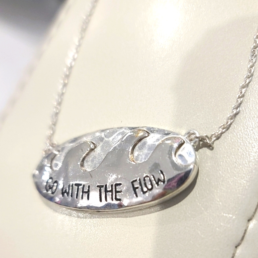 Silver wave, beachy or surfer pendant w chain. "Go With The Flow" of waves NWT. - Picture 1 of 7